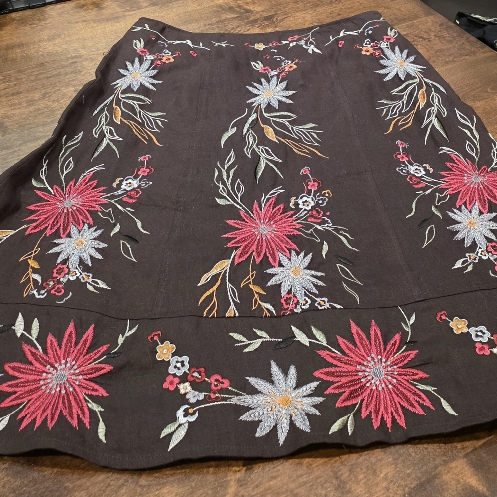 Linea Embroidered Floral Brown Linen A Line Skirt 14 - Picture 2 of 10